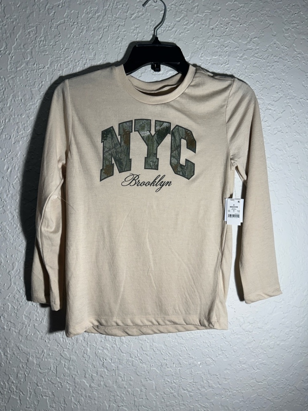 NYC Brooklyn Graphic Long Sleeve Tee - Cream with Green Print